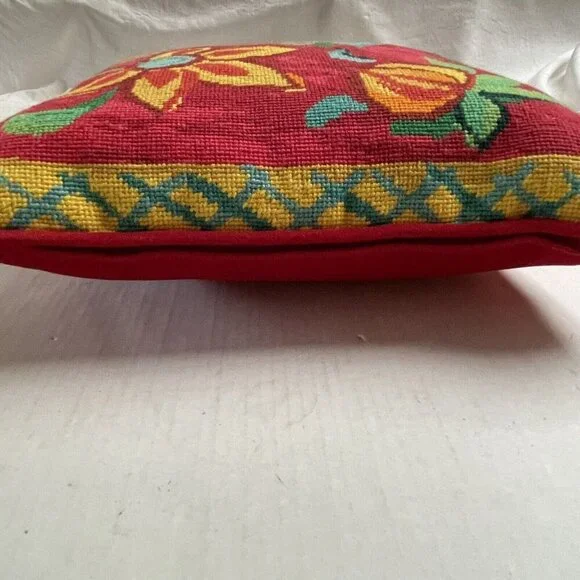 Vintage Needlepoint 15 Inch Pillow Retro Pink Red Black Flowers Velvet Colorful - Picture 5 of 6